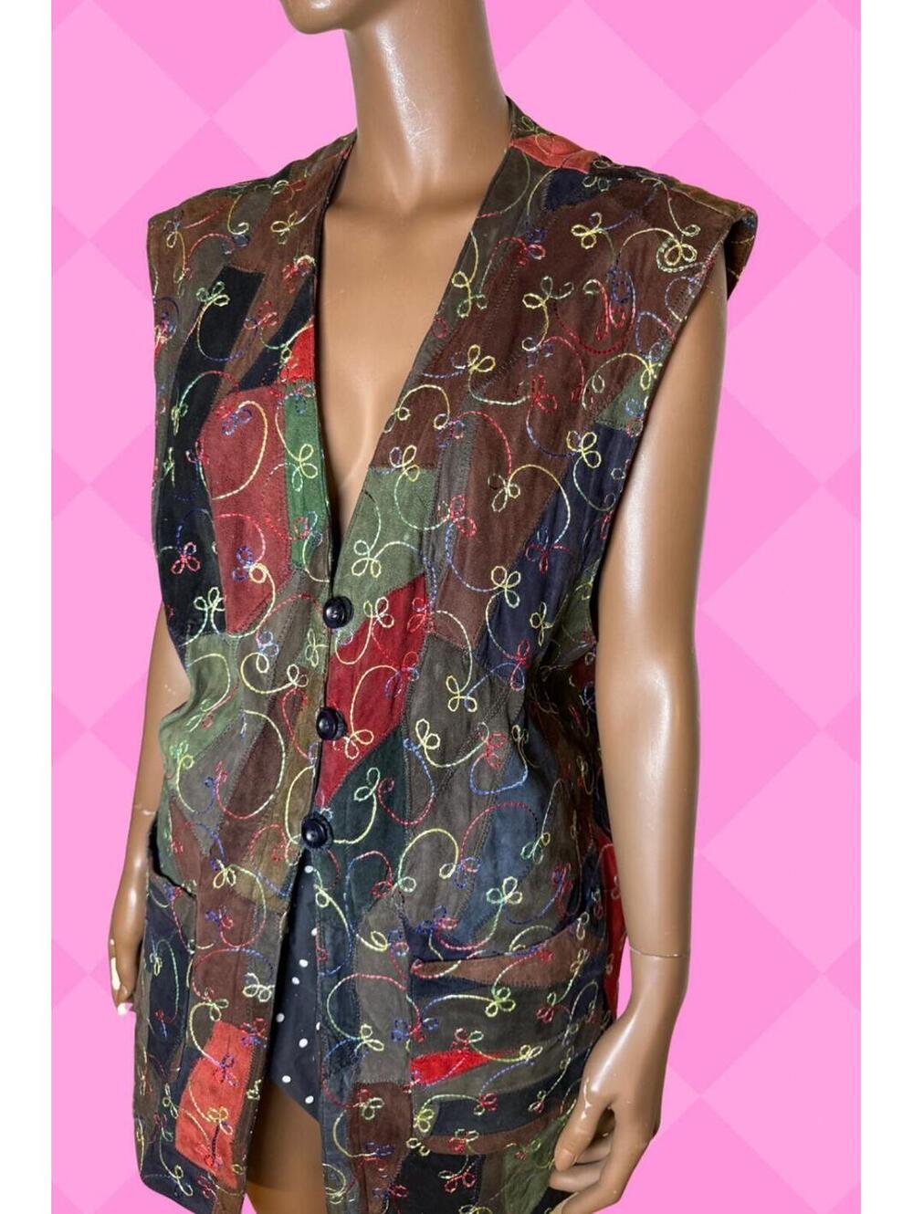 Copacabana vintage leather patchwork 80's boho artsy embroidered long vest XL